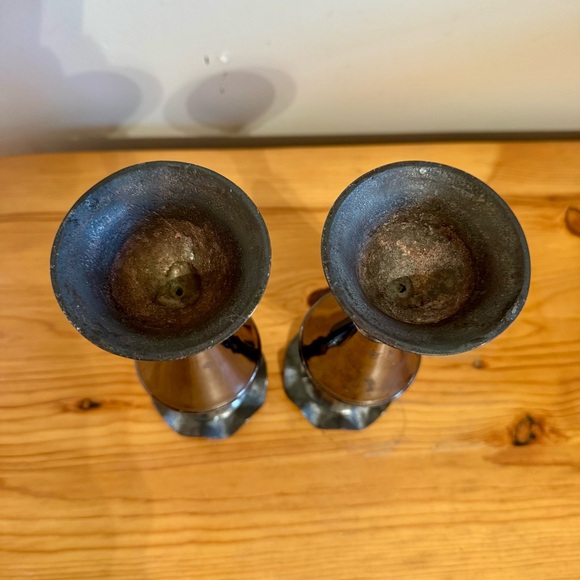 Vintage Bud Vase Set Pair Hand Etched Metal Dark Silver Copper Color - Picture 7 of 7